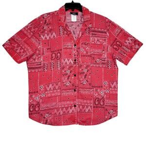 Tapestry Red Bandana Patchwork Button-Up Shirt –Large- Western Y2K Cowboy Core